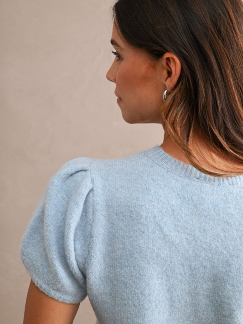 A724. Light Blue Puff-Sleeve Cropped Sweater with Duck Jacquard - Picture 6 of 7